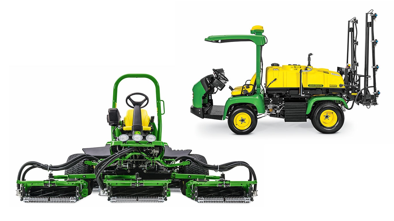 Two John&nbsp;Deere turf machines: a mower with a front cutting deck and a sprayer vehicle with a yellow tank and adjustable boom.