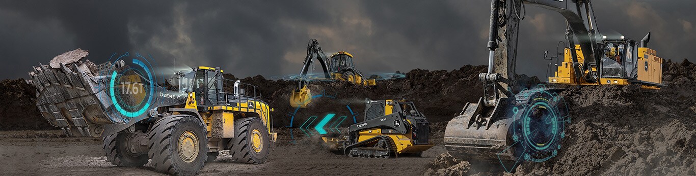Fleet of John Deere construction equipment with holograph graphics overlaying machine images