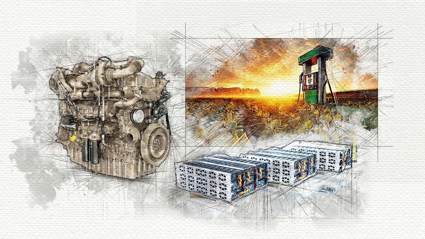 Engine, fuel pump, and battery modules illustrated in a sketch-style industrial composition.