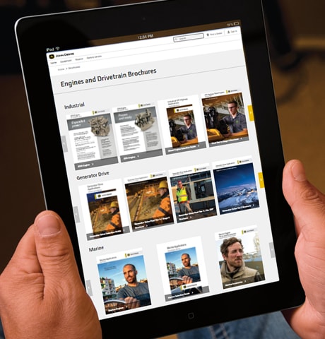 iPad shows Deere.com Engines and Drivetrains webpage