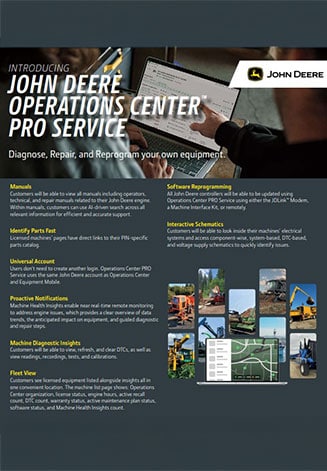 Cover of a John Deere Operations Center Pro Service brochure.