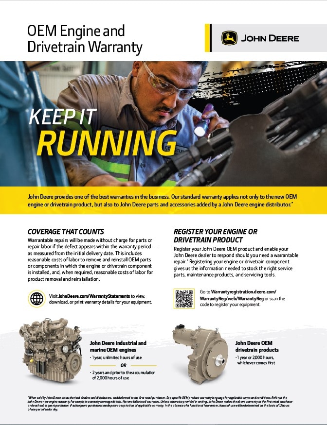 Cover page of pdf for engine and drivetrain warranty with images of parts and a worker repairing an engine