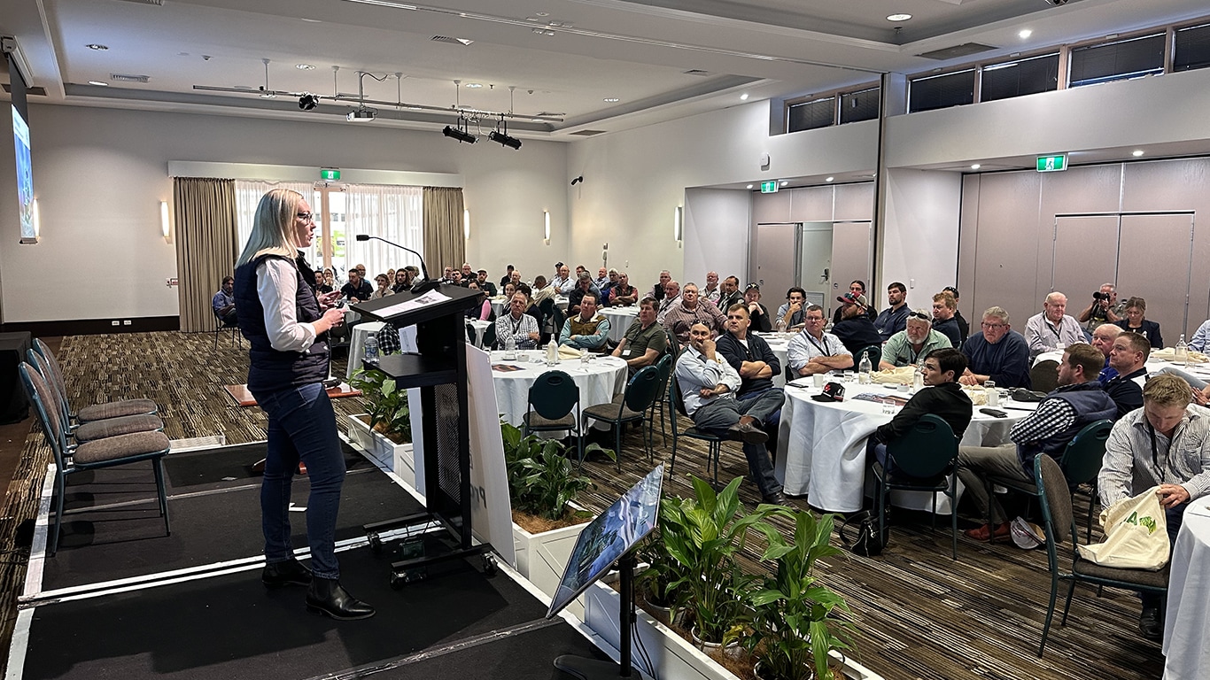 John&nbsp;Deere Production Systems Manager, Stephanie Gersekowksi, speaking at the National Fodder Conference in Coffs Harbour.
