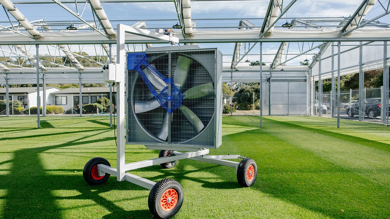 Huge fans help maintain air circulation inside the structure.
