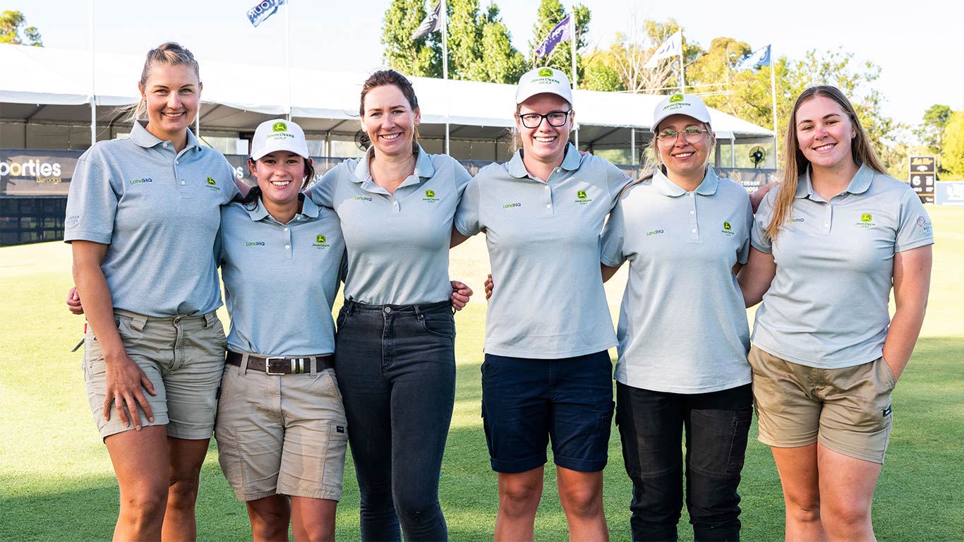 The six female greenskeepers standing on the greens at Cobram Barooga Golf Club (left to right): Martyna Synak, Annabelle Southall, Penny Deehan, Kasey Williams, Brody Cooper, Lilly Dahtler.