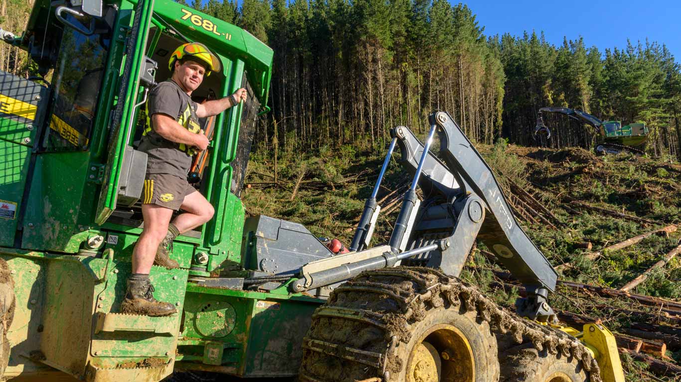 Person on green forestry skidder machine in forest clearing, with another skidder in background.