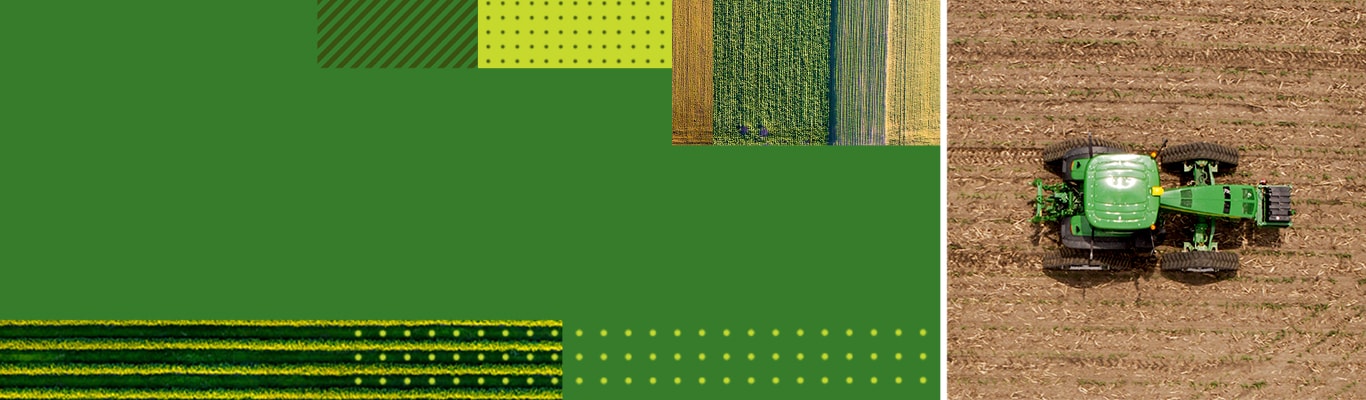A collage of various fields photographed from above with a john deere tractor on the right side