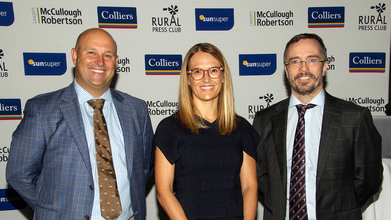John&nbsp;Deere Managing Director Luke Chandler with Rural Press Club of Queensland President Stacey Wordsworth and McCullough Robertson Special Counsel Trent Thorne.