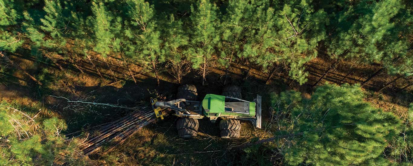 Overhead view of a skidder hauling logs in the woods