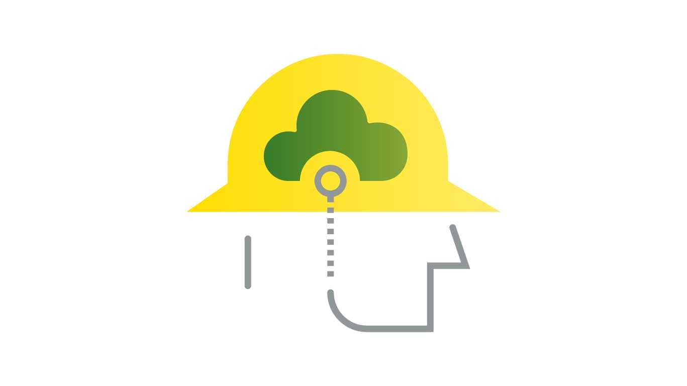 Icon representation of a logger face with helmet connected to a data cloud