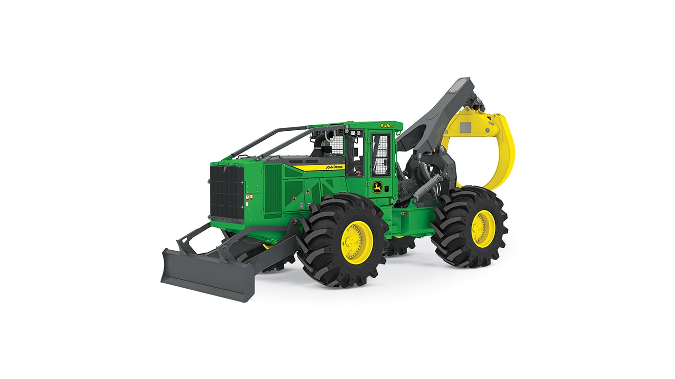 Green and yellow John Deere forestry skidder with large tires and grapple attachment.