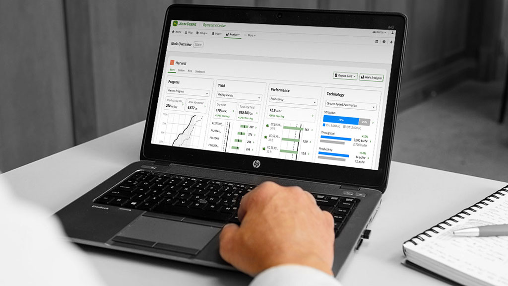 Laptop screen showing work overview in John Deere Operations Center.