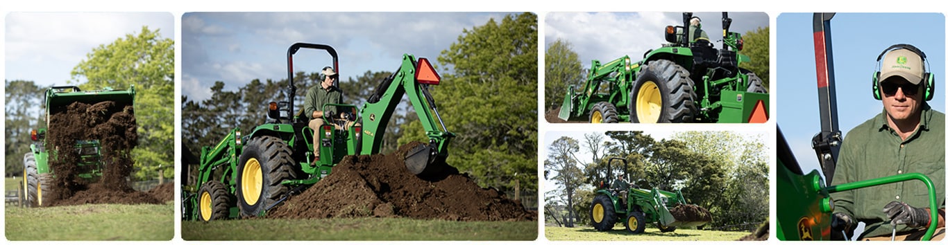 Montage of a man using a Deere Compact Tractor for work on his land