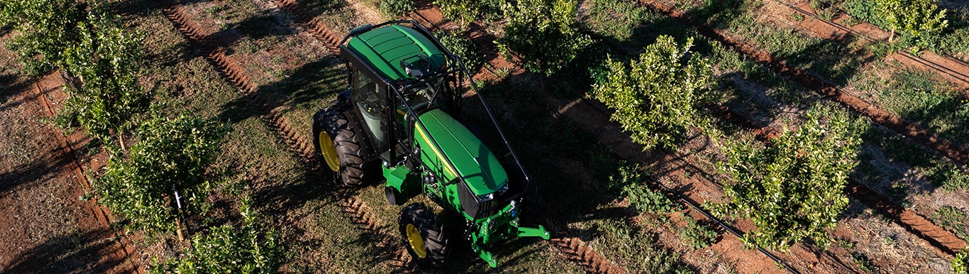 Aerial shot of John Deere specialty tractor in a field