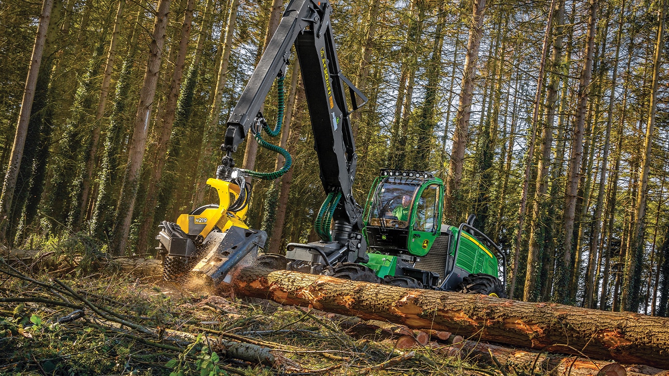 1470g wheeled harvester cutting tree trunk in forest