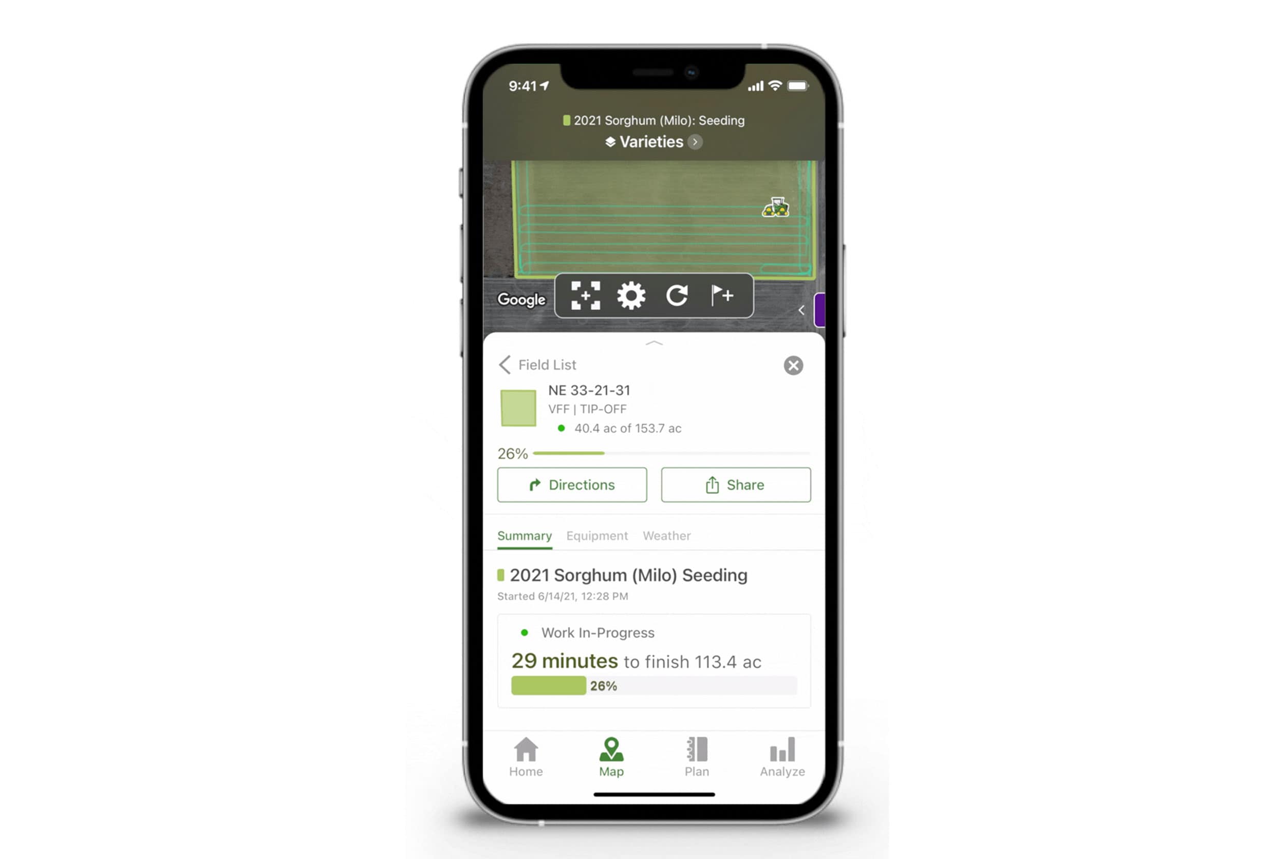 Mobile phone showing new John&nbsp;Deere Operations Center functionality, Estimated Time Remaining.