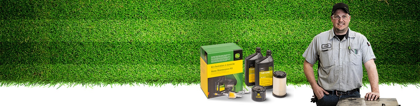 Technician standing next to aftermarket products against a grass background