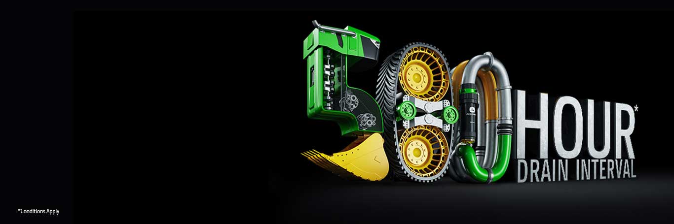 A 3D rendering of the number 500 using John Deere parts and pieces next to the words "hour drain interval"