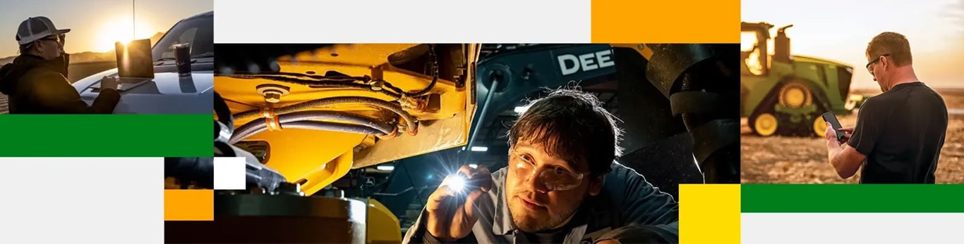 Collage of customers working on John Deere equipment