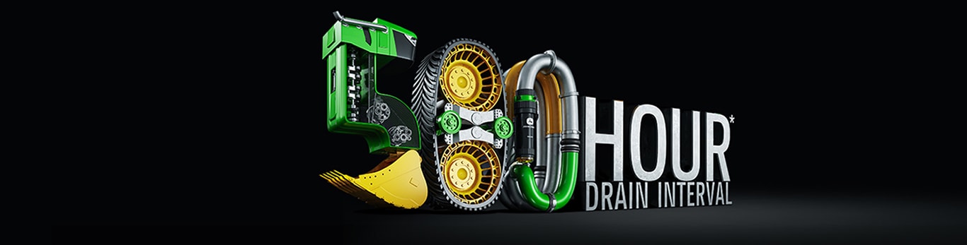 A 3D built number '500' using John Deere parts and pieces: the number 5 using machine parts and a bucket, a wheel in the shape of the number 0 and internal engine piping in the shape of a 0. This is next to the words 'HOUR DRAIN INTERVAL' to make the words 500 HOUR DRAIN INTERVAL