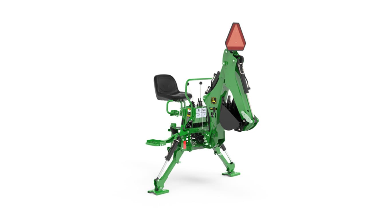 A front-right-facing studio shot of a BH160 green backhoe implement on a white background.