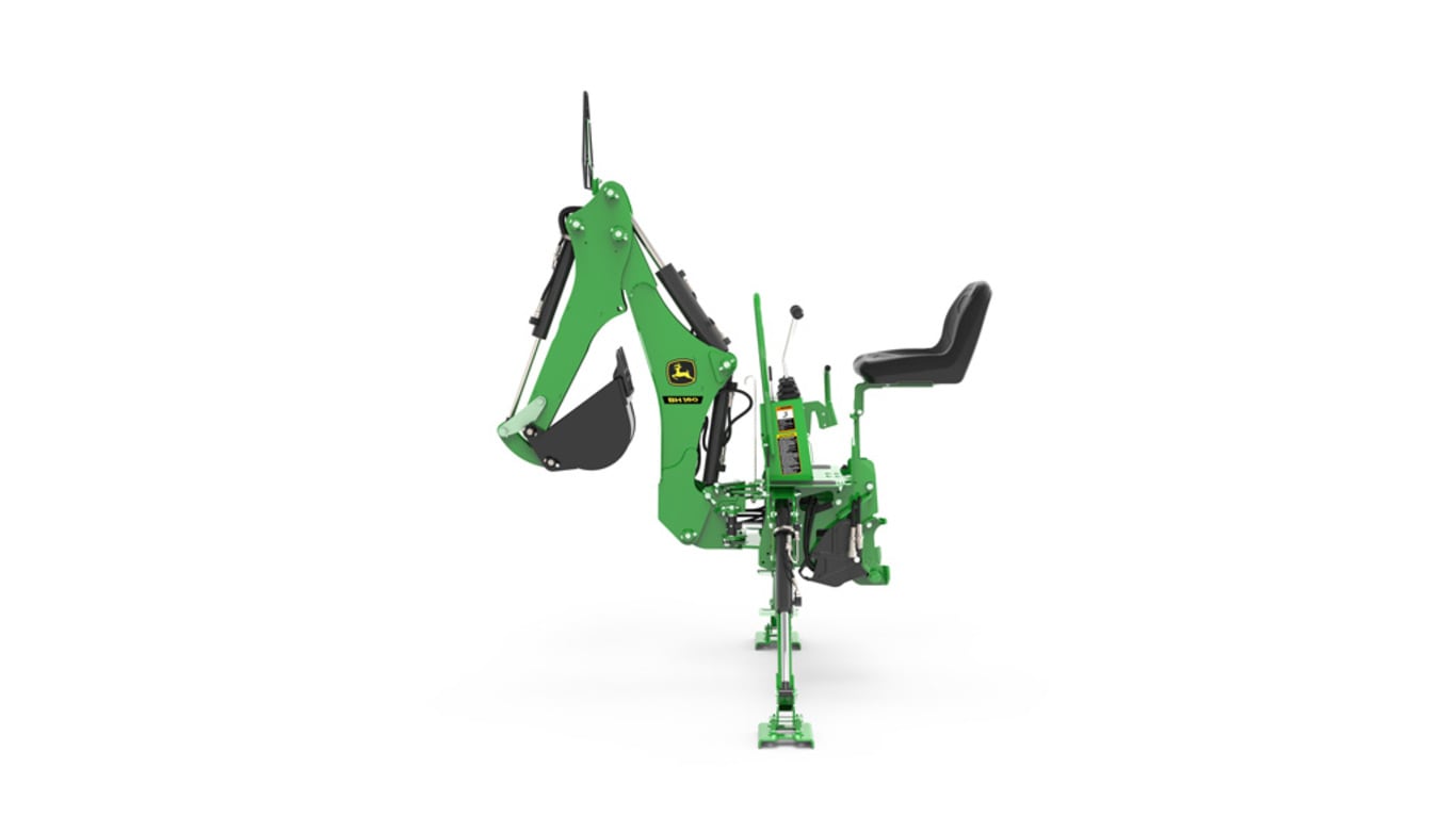 A left-facing studio shot of a BH160 green backhoe implement on a white background.