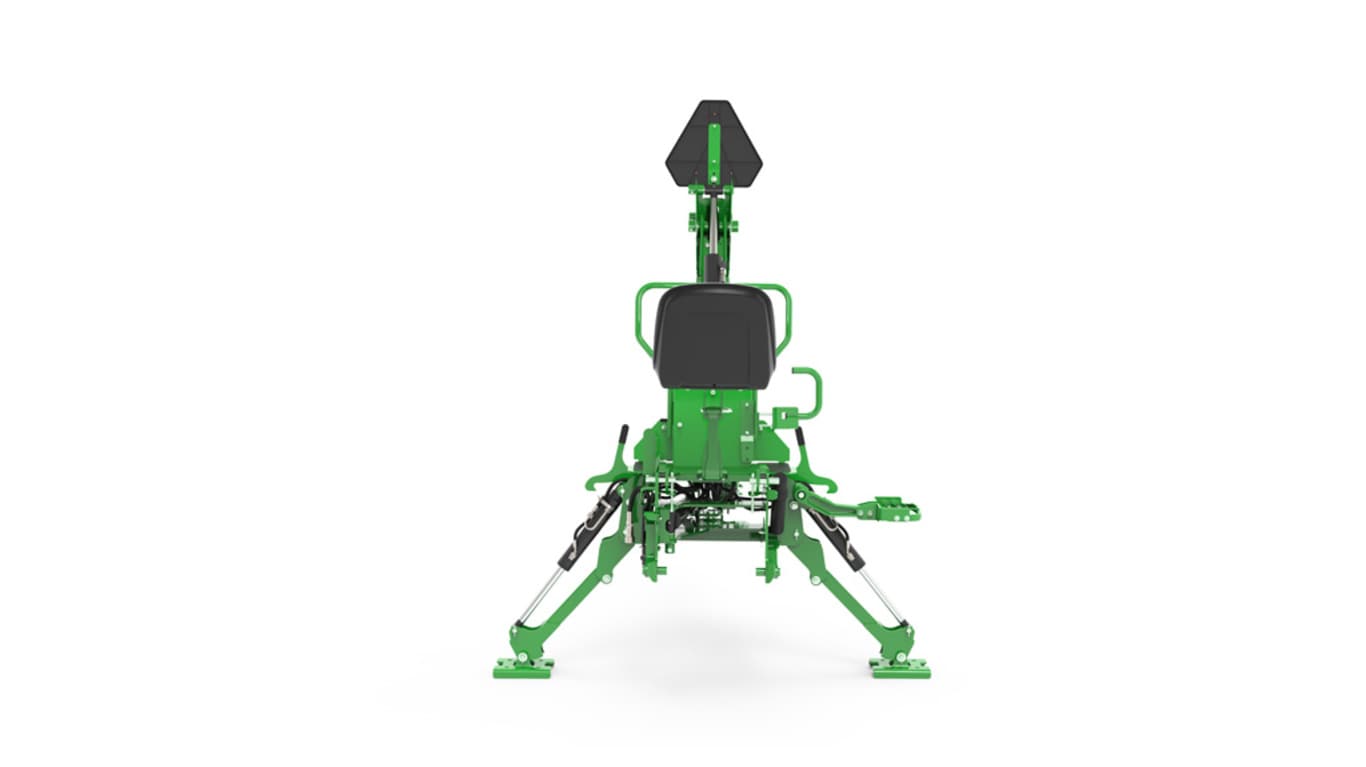 A rear-facing studio shot of a BH160 green backhoe implement on a white background.