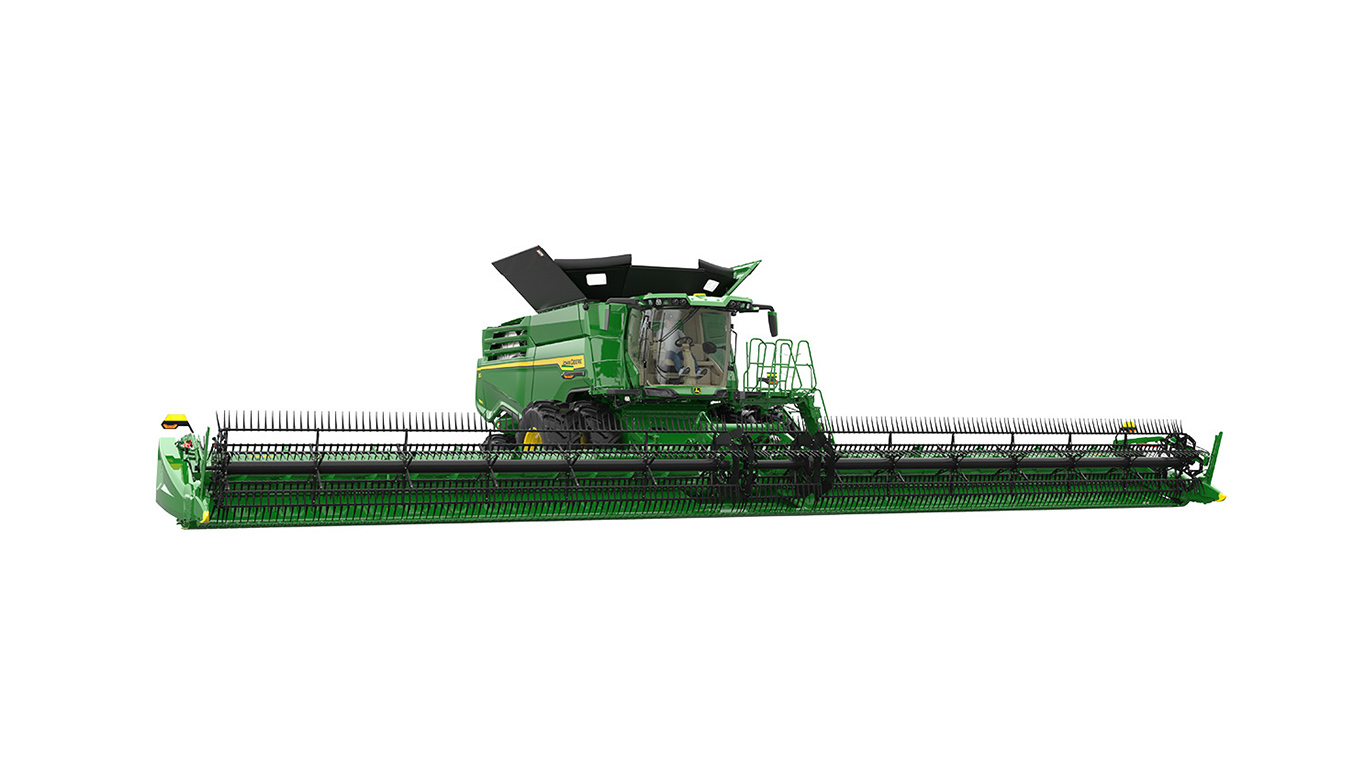 John Deere combine harvester with wide draper header shown on a white background.