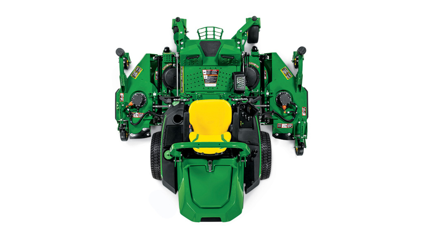 A top-down-facing green zero-turn mower with a yellow seat and green mowing deck on a white background.