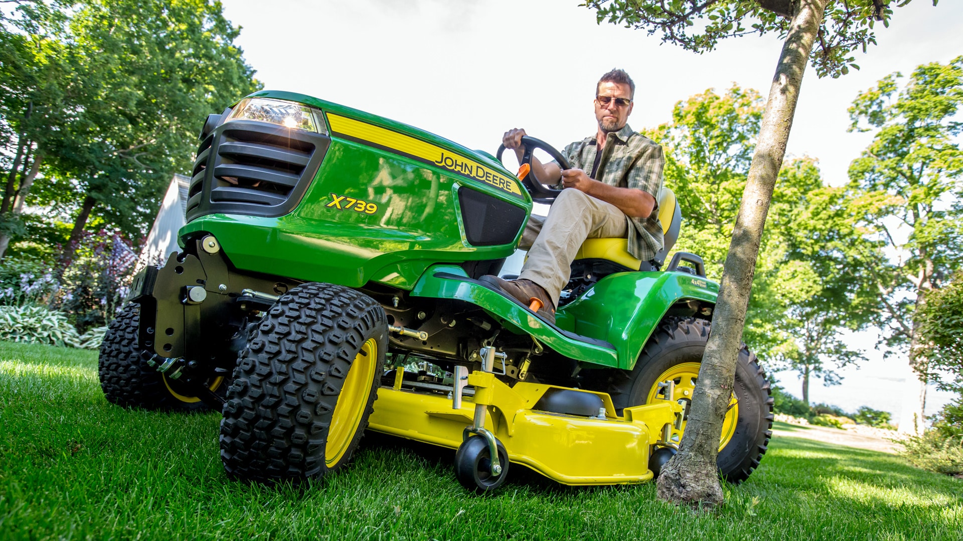 dramatic angle view of lawn tractor on lawn