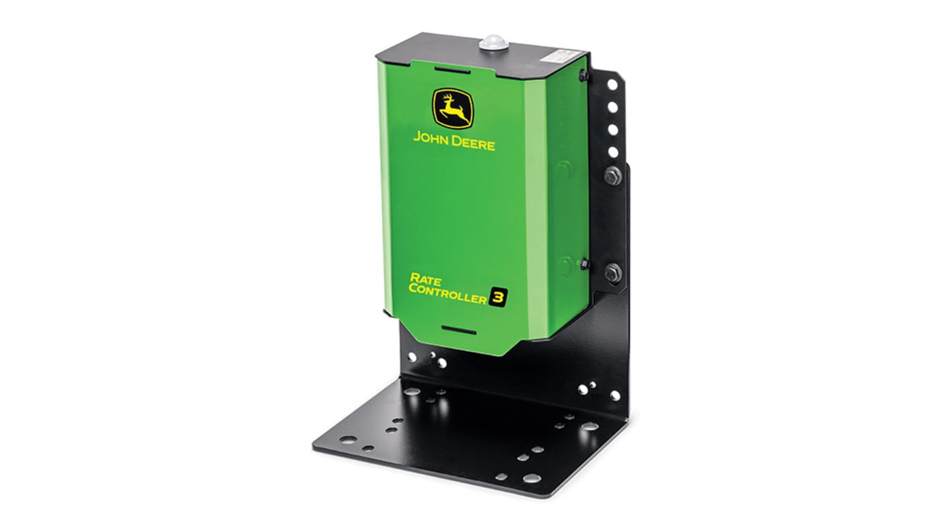 Green and black John Deere Rate Controller 3 mounted on a metal bracket