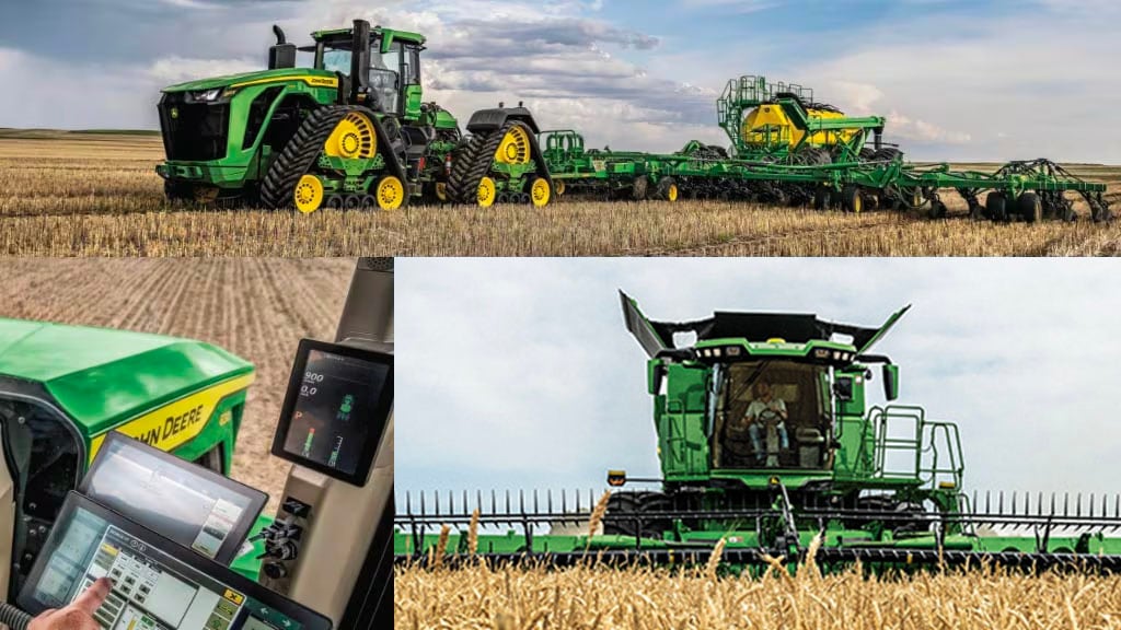 John Deere tractor seeding field and in-cab view of G5Plus CommandCenter and combine harvesting wheat.