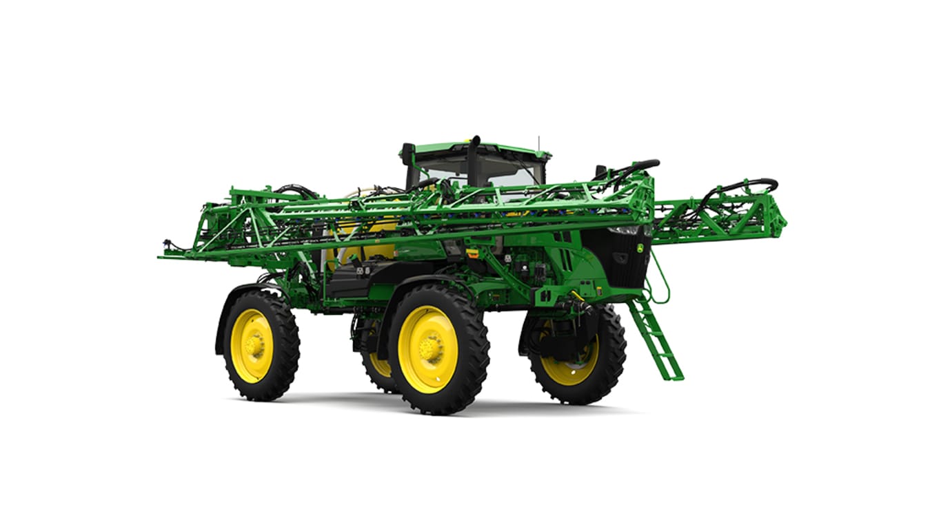 Front of a John Deere 408R Self-Propelled Sprayer with the booms folded.