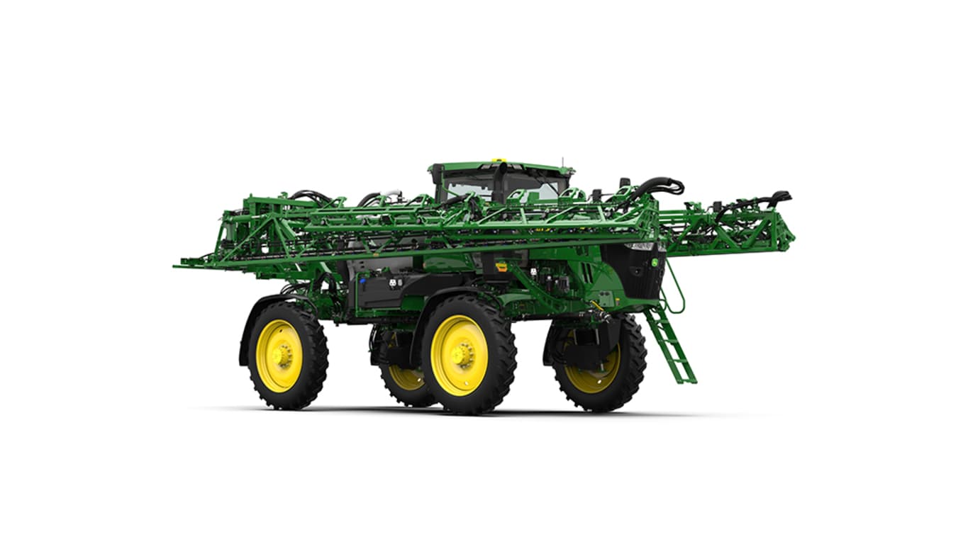 Front of a John Deere 410R Self-Propelled Sprayer with the booms folded.