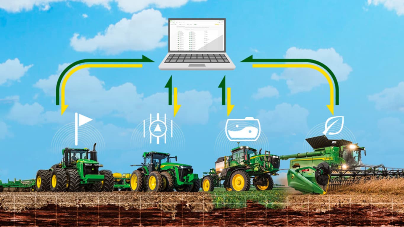 Tractors, sprayers and combine in a field with technology graphics.