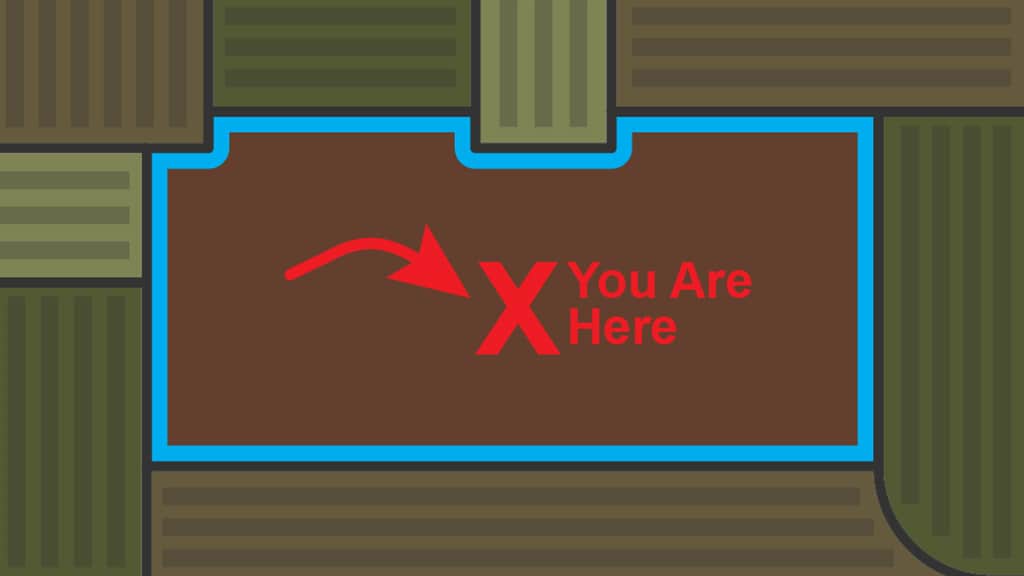 A sign with red text and a red arrow