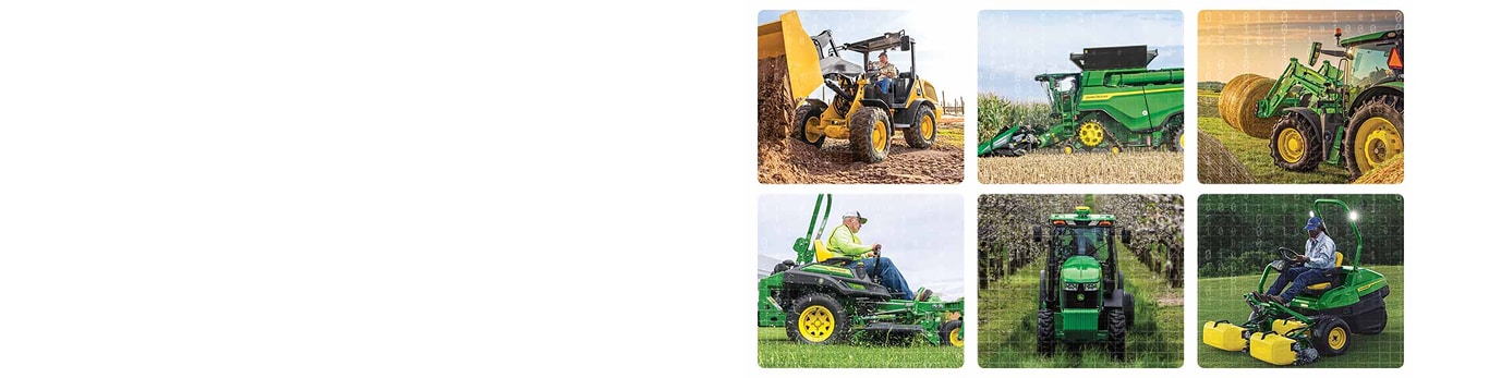 Grid of six different John Deere pieces of equipment.