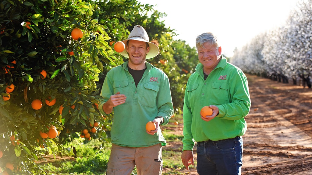 Darren and Garry Minter in an orange orchard holding oranges and smiling