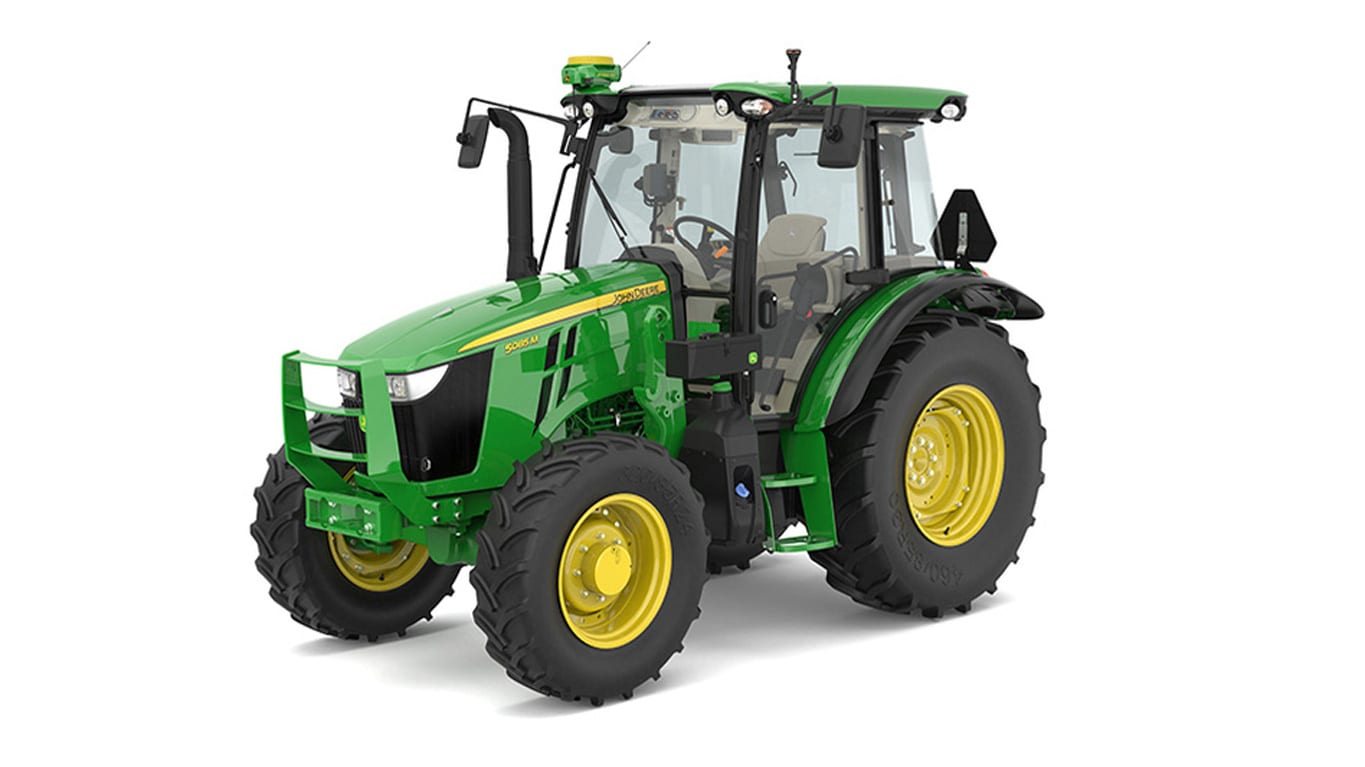 Green John Deere tractor with yellow wheels, cab, and attachments, front-left view.