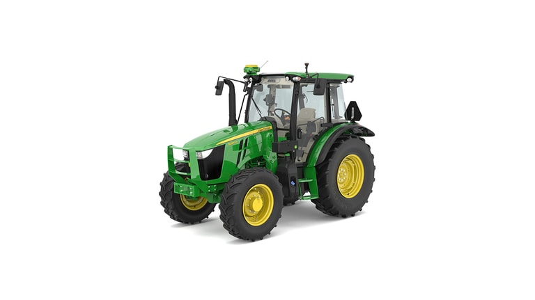 Green John Deere tractor with yellow wheels, cab, and attachments, front-left view.