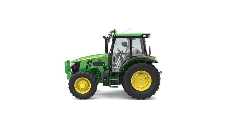 Side view of green and yellow John Deere tractor with cab, large rear wheels, and small front wheels.