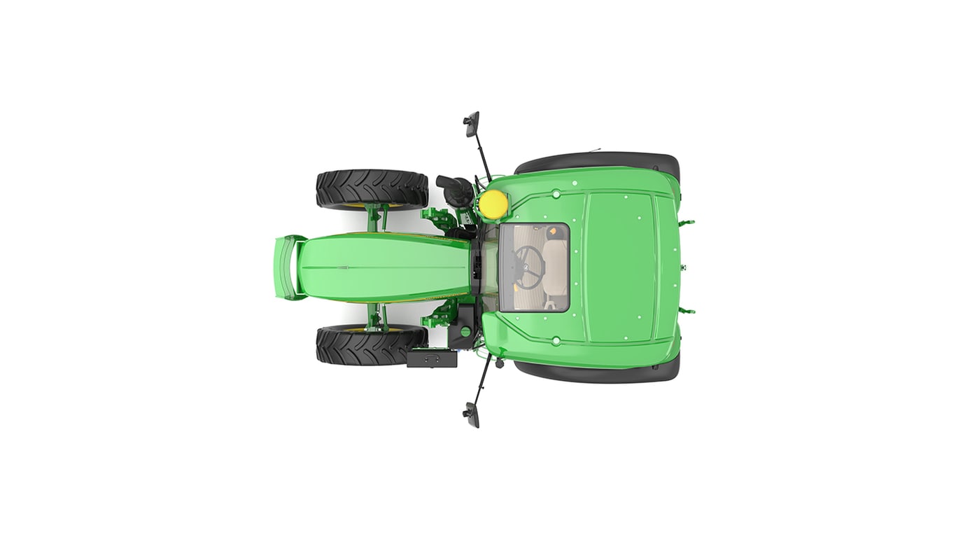 Top view of green tractor with large black tires and yellow cap on right side.