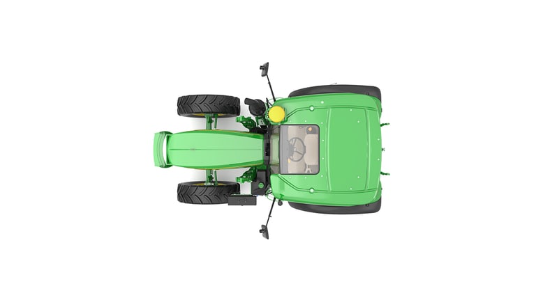 Top view of green tractor with large black tires and yellow cap on right side.